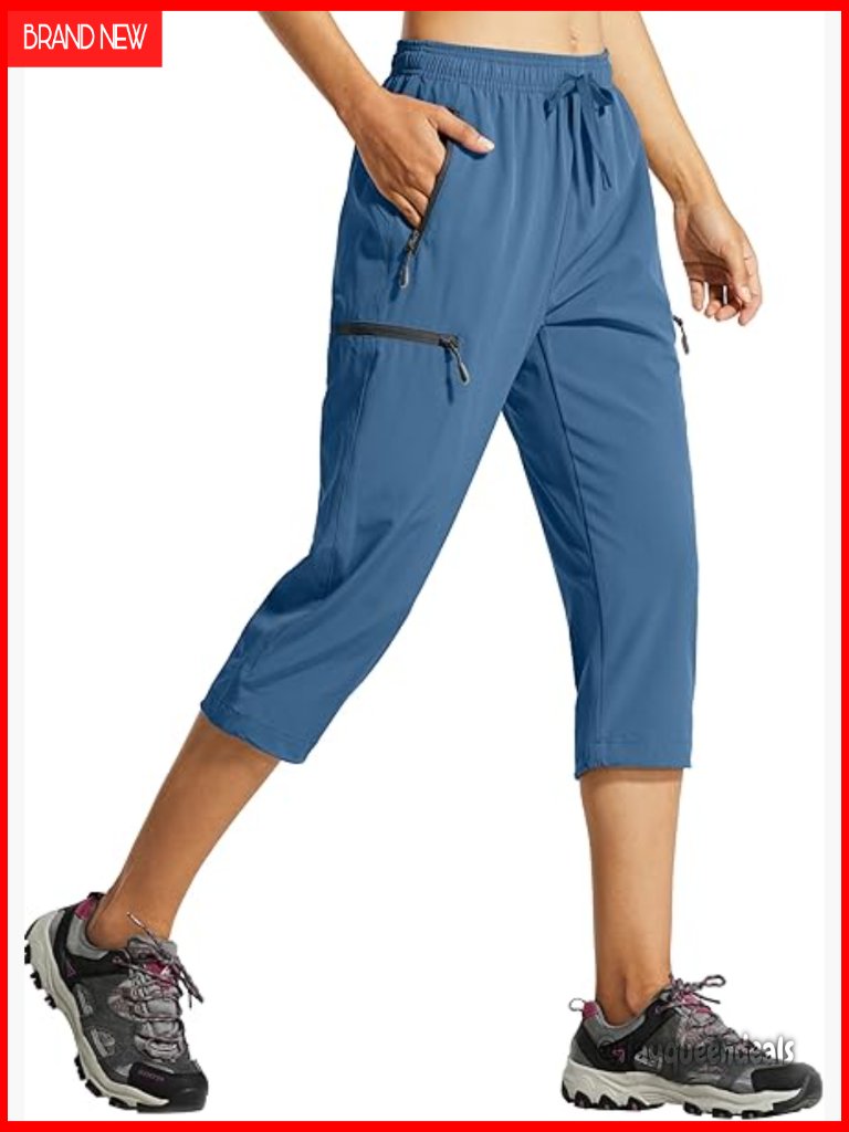 Cargo Capri Pants Lightweight Quick Dry Hiking Zipper Pockets Mid Rise Elastic